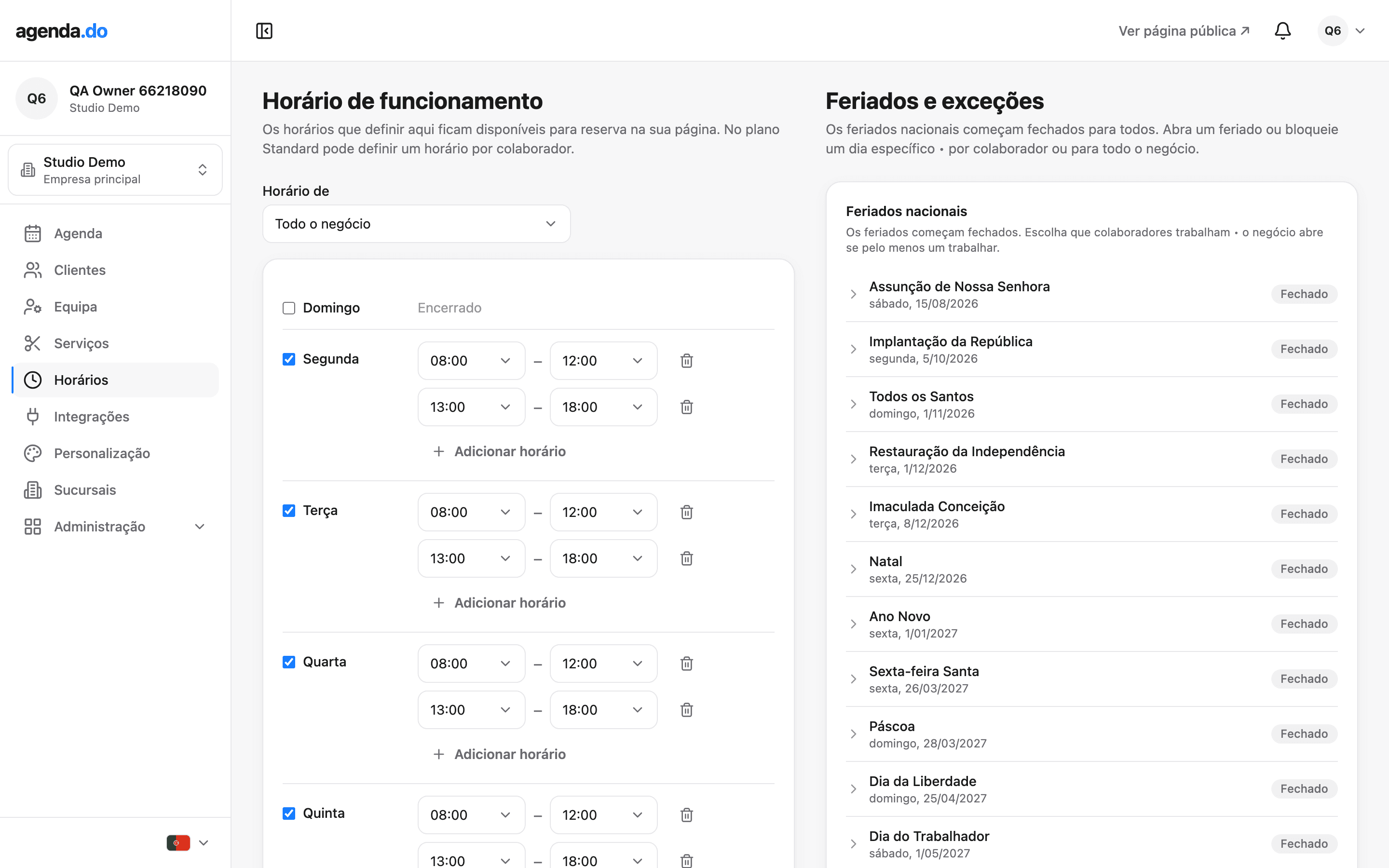 Definição do horário de funcionamento na área de gestão da agenda.do.