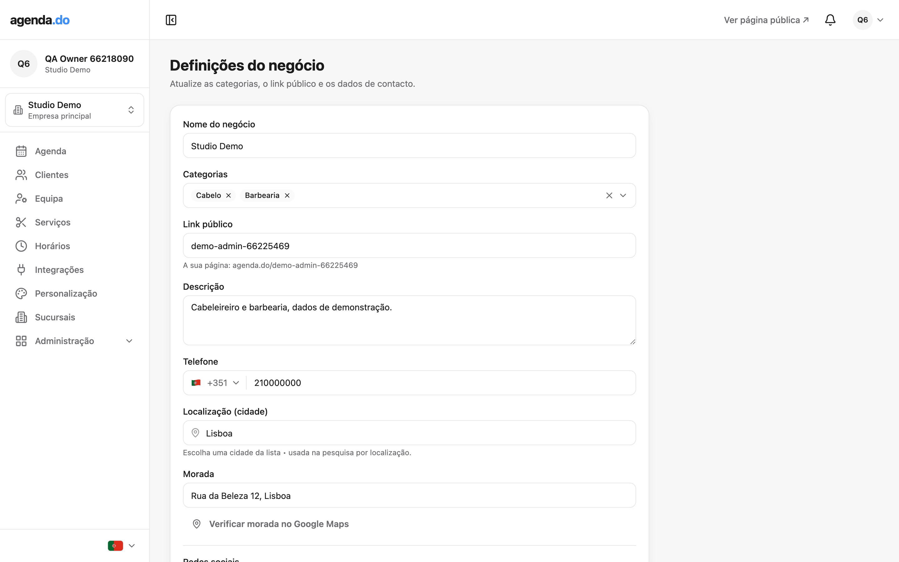 Definições do negócio na agenda.do.